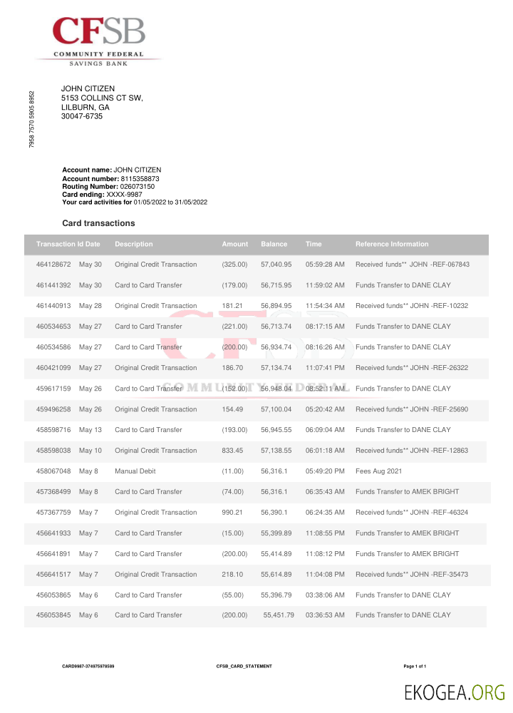 Relevé bancaire du Canada CFSB